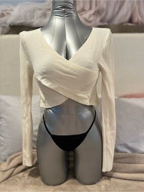 Ribbed Cream Wrap Long-Sleeve Crop Top